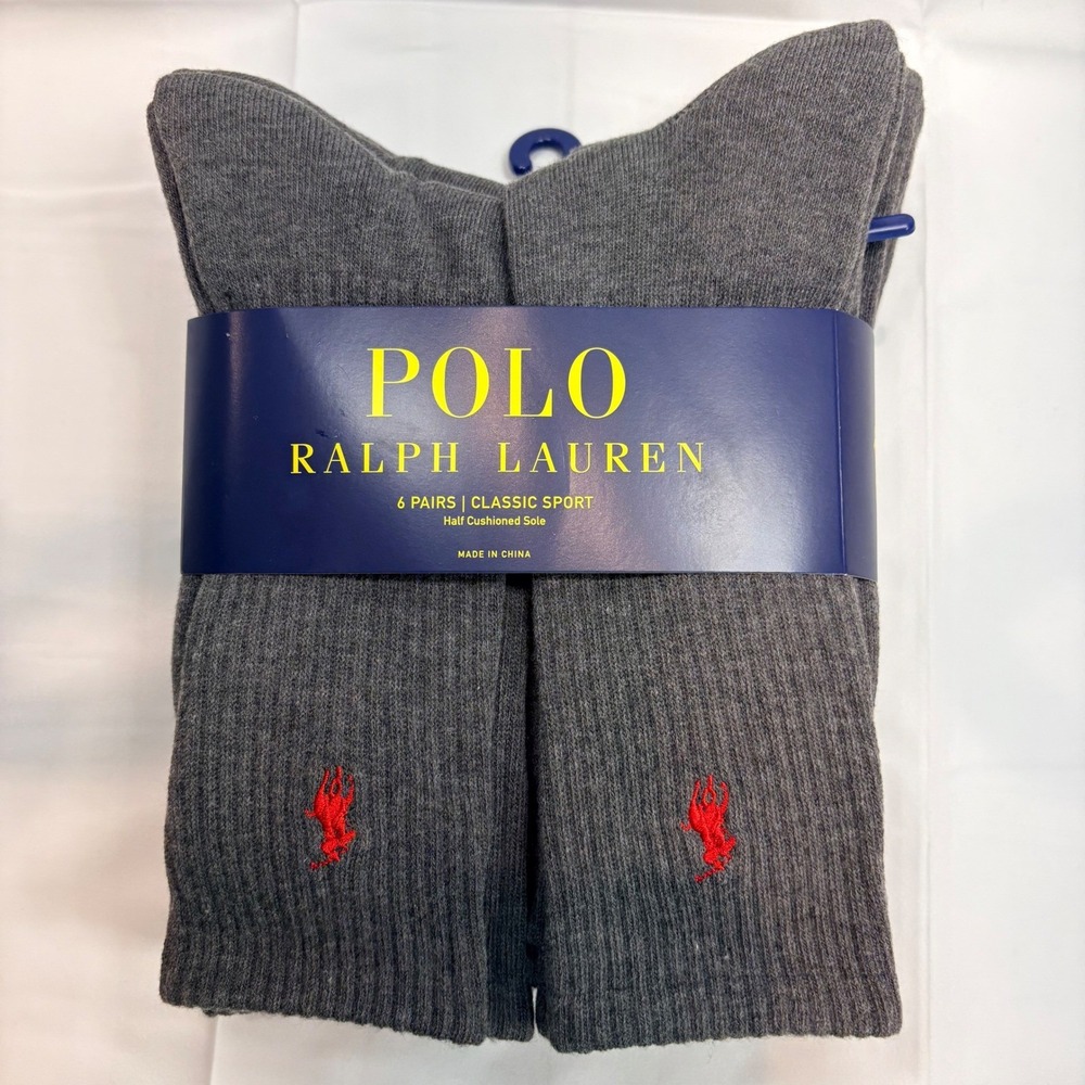 Polo Ralph Lauren Mens 6 Pack Classic Sport Half Cushion Gray Pony Socks 10-13